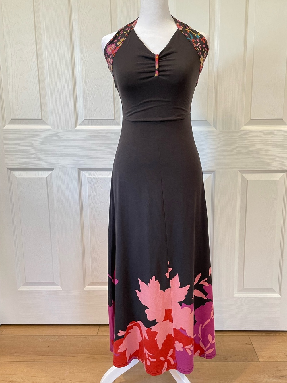Oilily Black Halter Floral Maxi Dress with Pink & Red Accents size XS - Picture 2 of 10